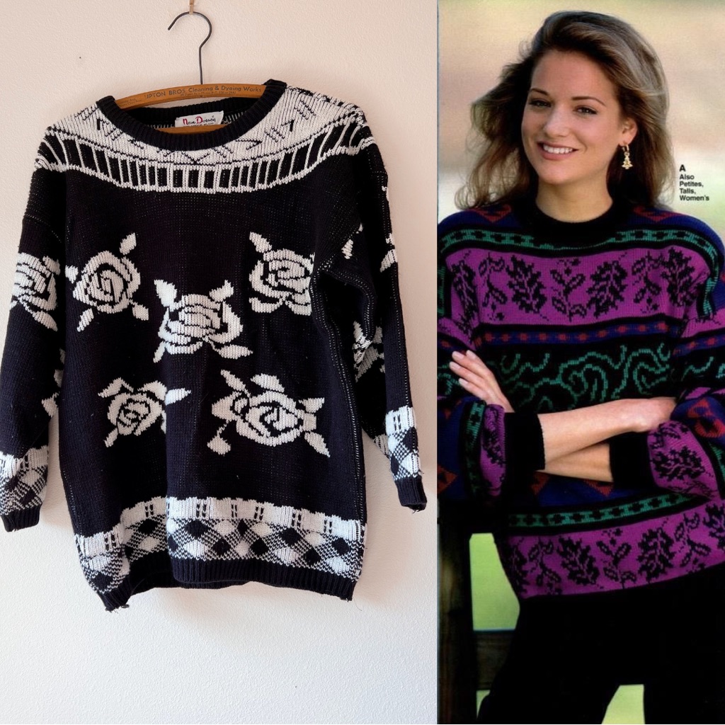 Vintage 80s/90s Black And White Floral 3/4 Sleeve Sweater M